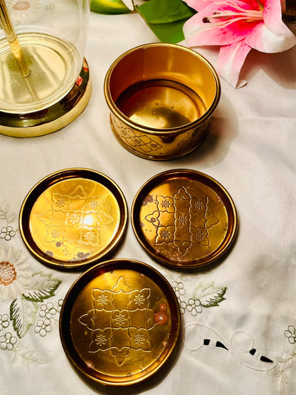 4pc Brass Floral Metal Coaster Set with Holder 10cm