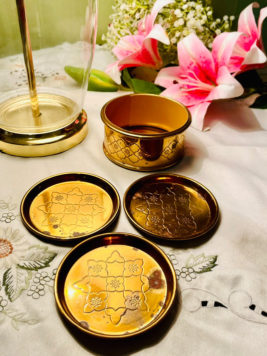 4pc Brass Floral Metal Coaster Set with Holder 10cm