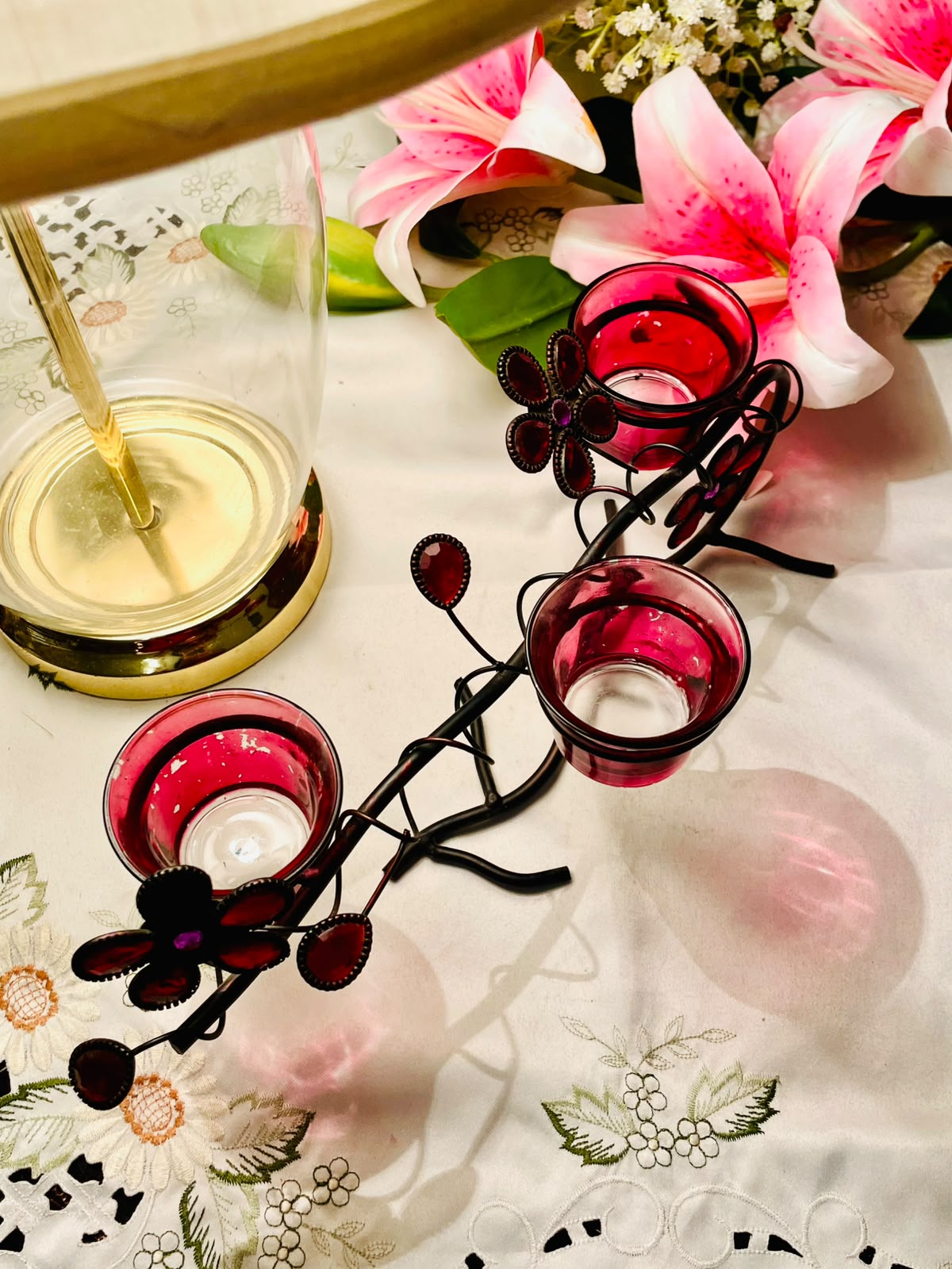Red Crystal 3-Light Floral Candle Holder 30cm