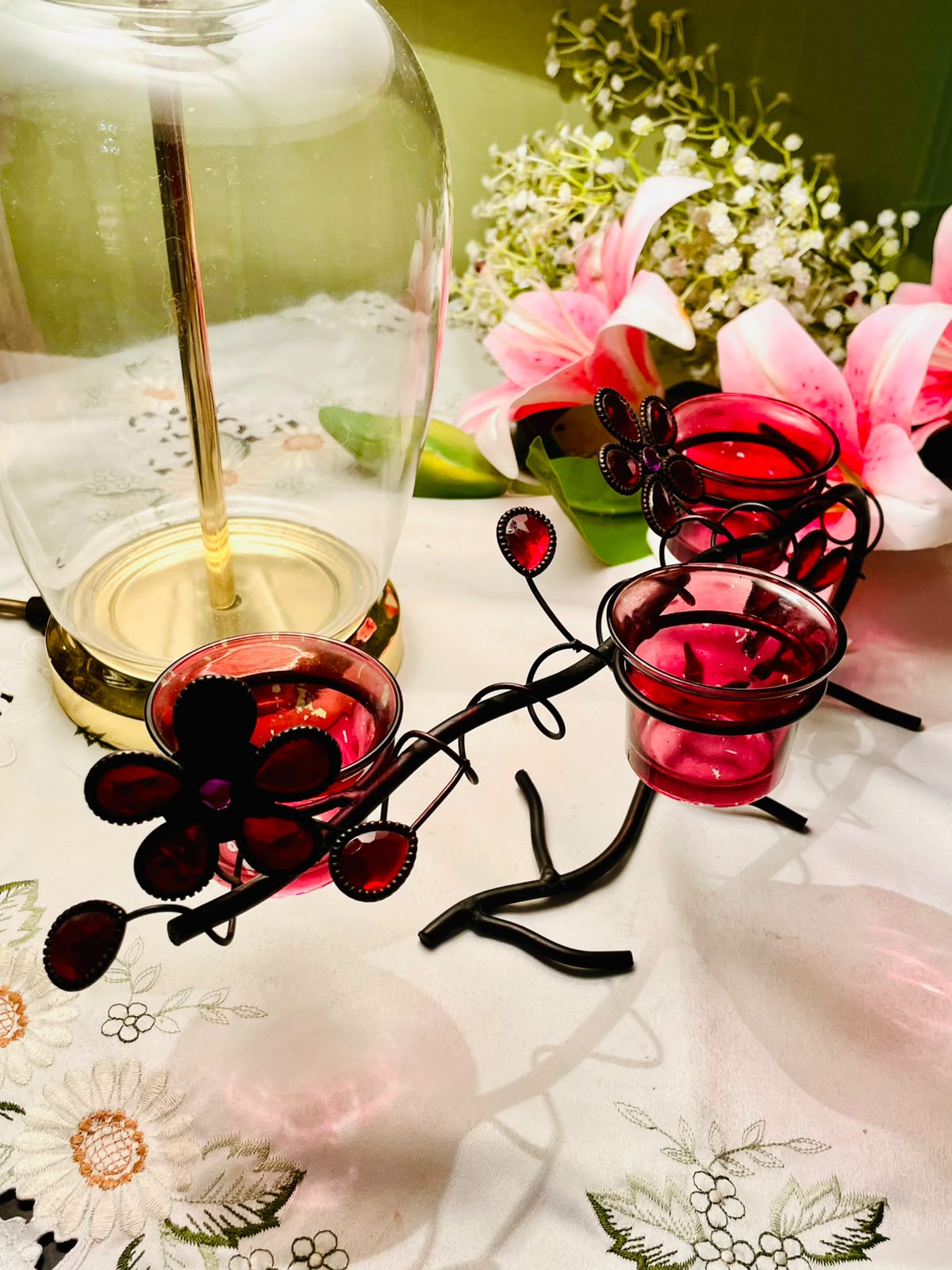 Red Crystal 3-Light Floral Candle Holder 30cm