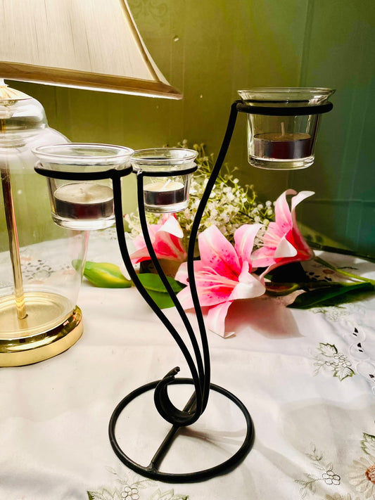 3-Light Black Metal & Clear Crystal Candle Holder 30cm