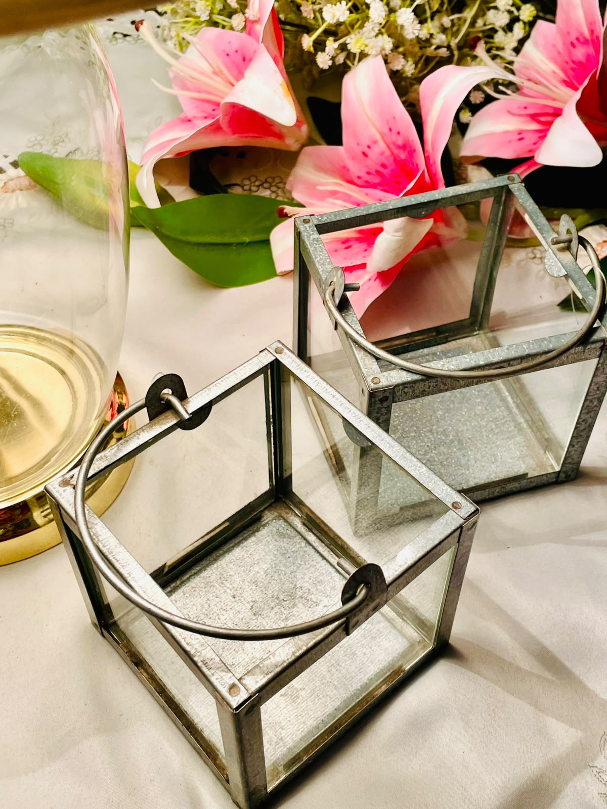 2pc Metal & Clear Crystal Square Candle Lanterns 10cm