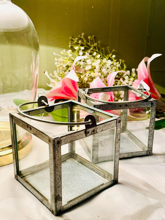 2pc Metal & Clear Crystal Square Candle Lanterns 10cm