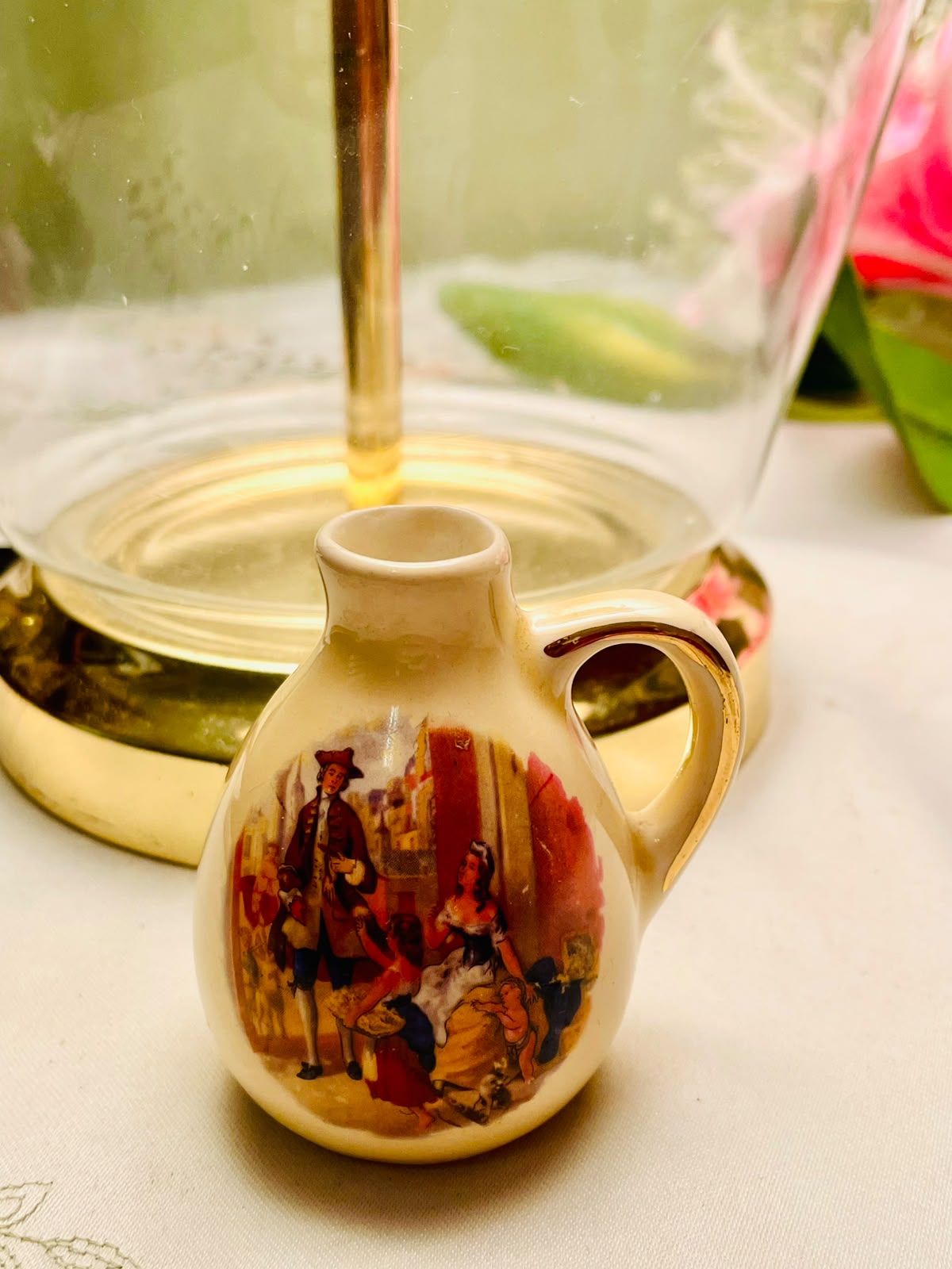 Vintage Limoges Miniature Cream Ceramic Jug with Figurative Scene 7cm