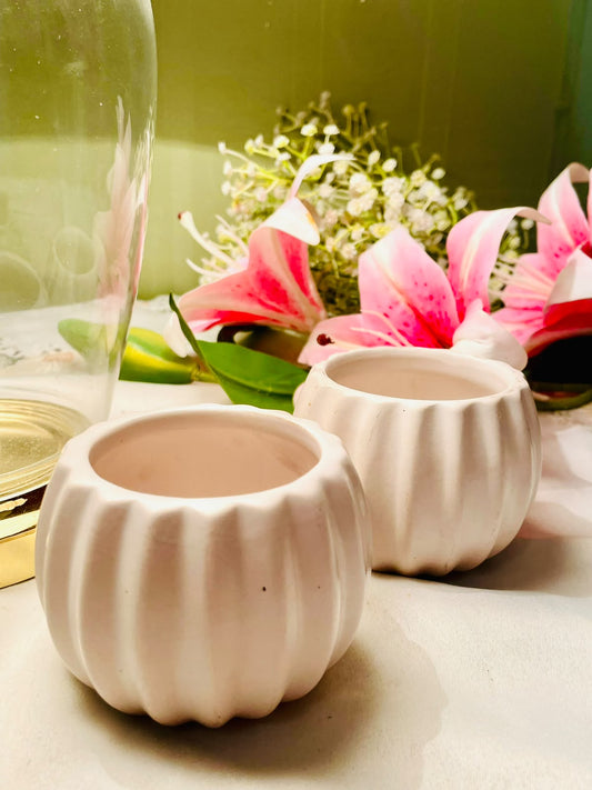 2pc White Ribbed Ceramic Planter / Candle Holder Set 8cm