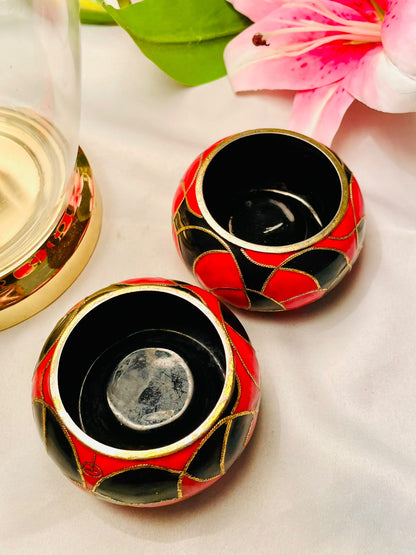 2pc Brass Red Black Decorative Candle Holder Set 8cm