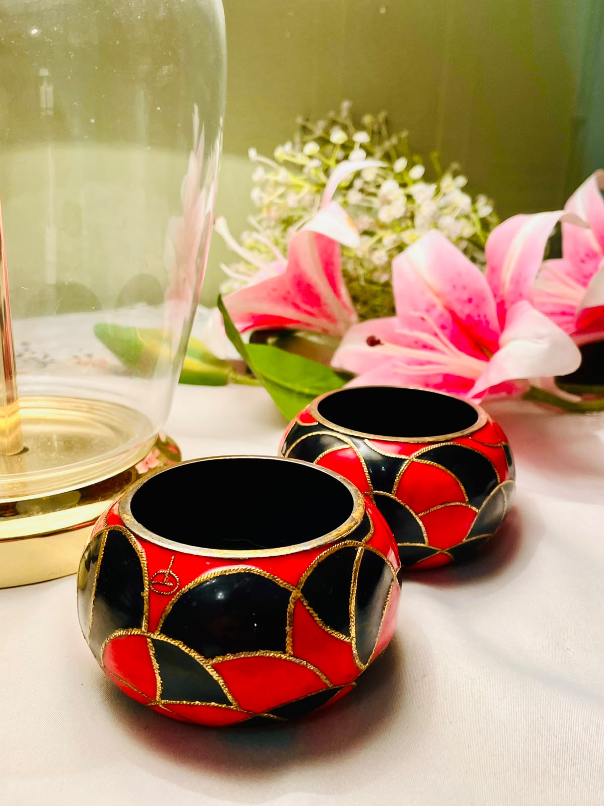 2pc Brass Red Black Decorative Candle Holder Set 8cm