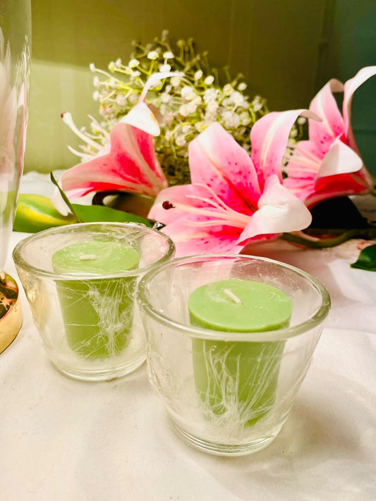 2pc Clear Crystal Candle Scented Holder Set with Green Candles 6 cm
