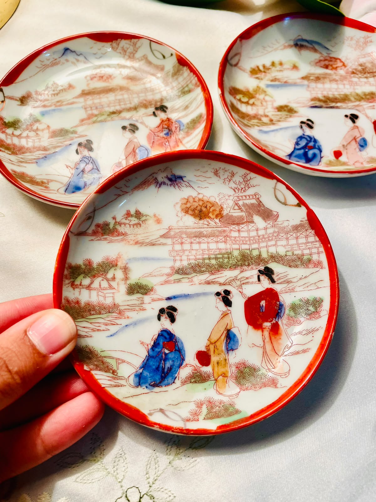 3pc Japanese Scenic Decorative Plates 4.5 Inch