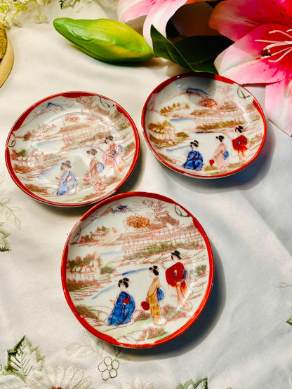 3pc Japanese Scenic Decorative Plates 4.5 Inch