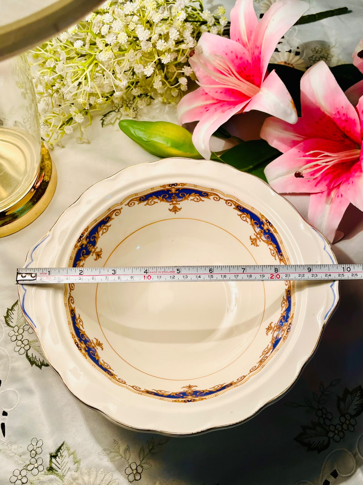 Grindley Cream Petal England Blue & Gold Serving large Bowl 10 Inch