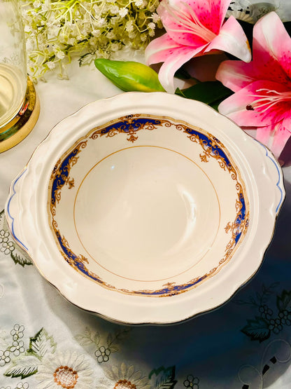 Grindley Cream Petal England Blue & Gold Serving large Bowl 10 Inch