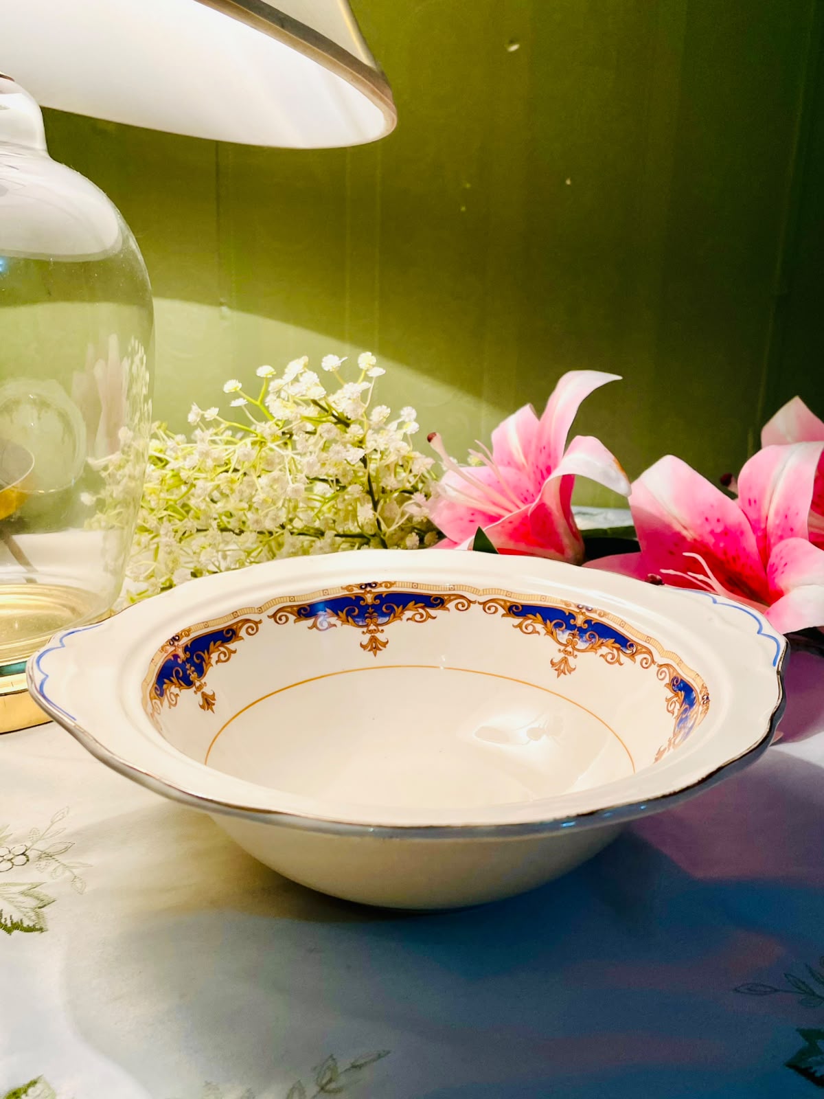 Grindley Cream Petal England Blue & Gold Serving large Bowl 10 Inch