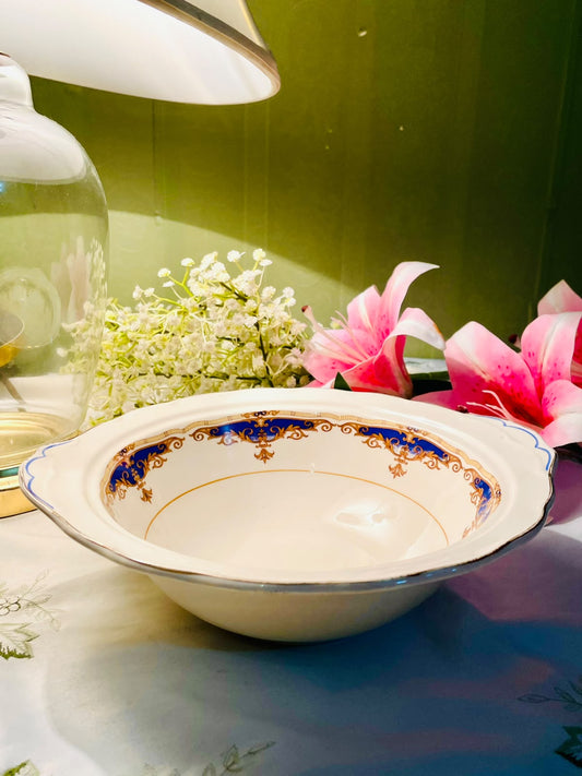 Grindley Cream Petal England Blue & Gold Serving large Bowl 10 Inch