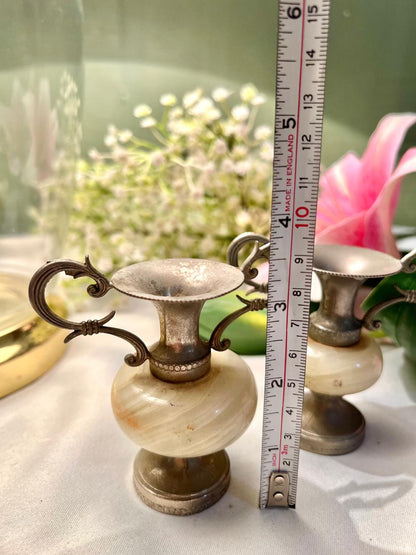 2pc Mini Decorative Marble Vases with Silver-Tone Handles 9 cm
