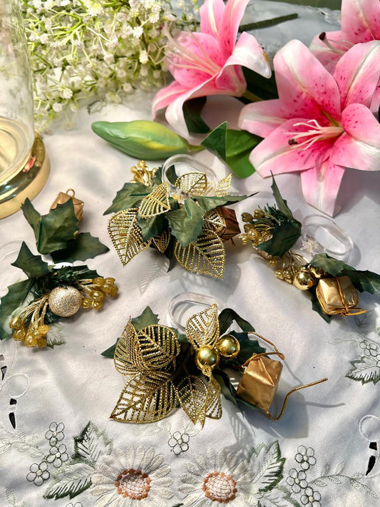 4pc Gold Holly Christmas Napkin Ring Set 10 cm