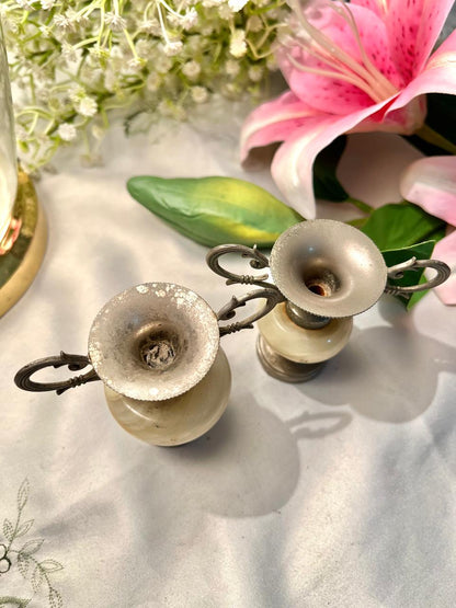 2pc Mini Decorative Marble Vases with Silver-Tone Handles 9 cm