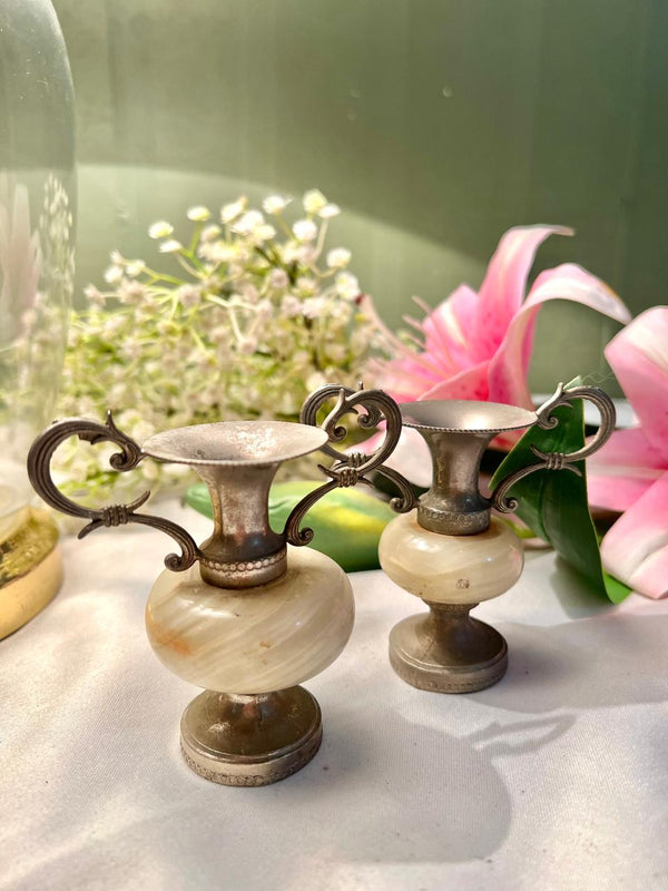 2pc Mini Decorative Marble Vases with Silver-Tone Handles 9 cm