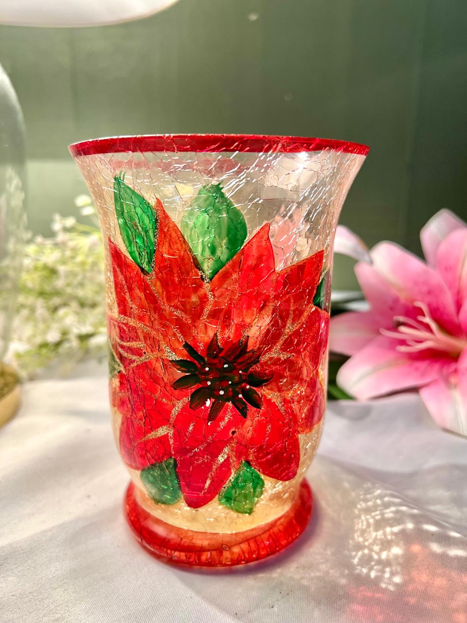 Red Poinsettia Crackle Crystal Vase 15 cm