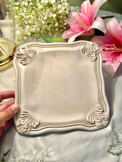 Made in Italy Cream Square Serving Platter, Raised Floral Corners, 8 in