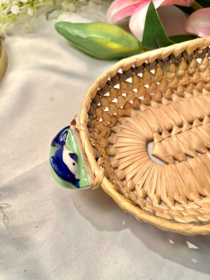 Woven Decorative Basket with Ceramic Bird Accent 20 cm