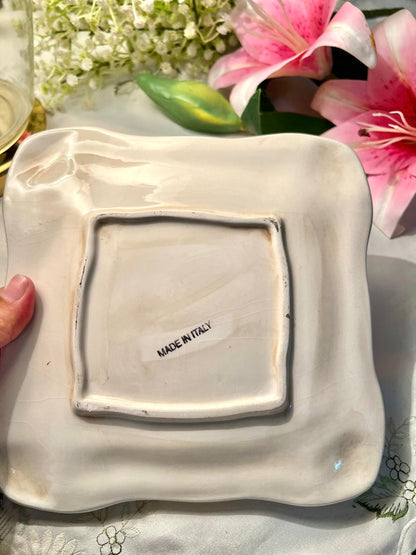 Made in Italy Cream Square Serving Platter, Raised Floral Corners, 8 in