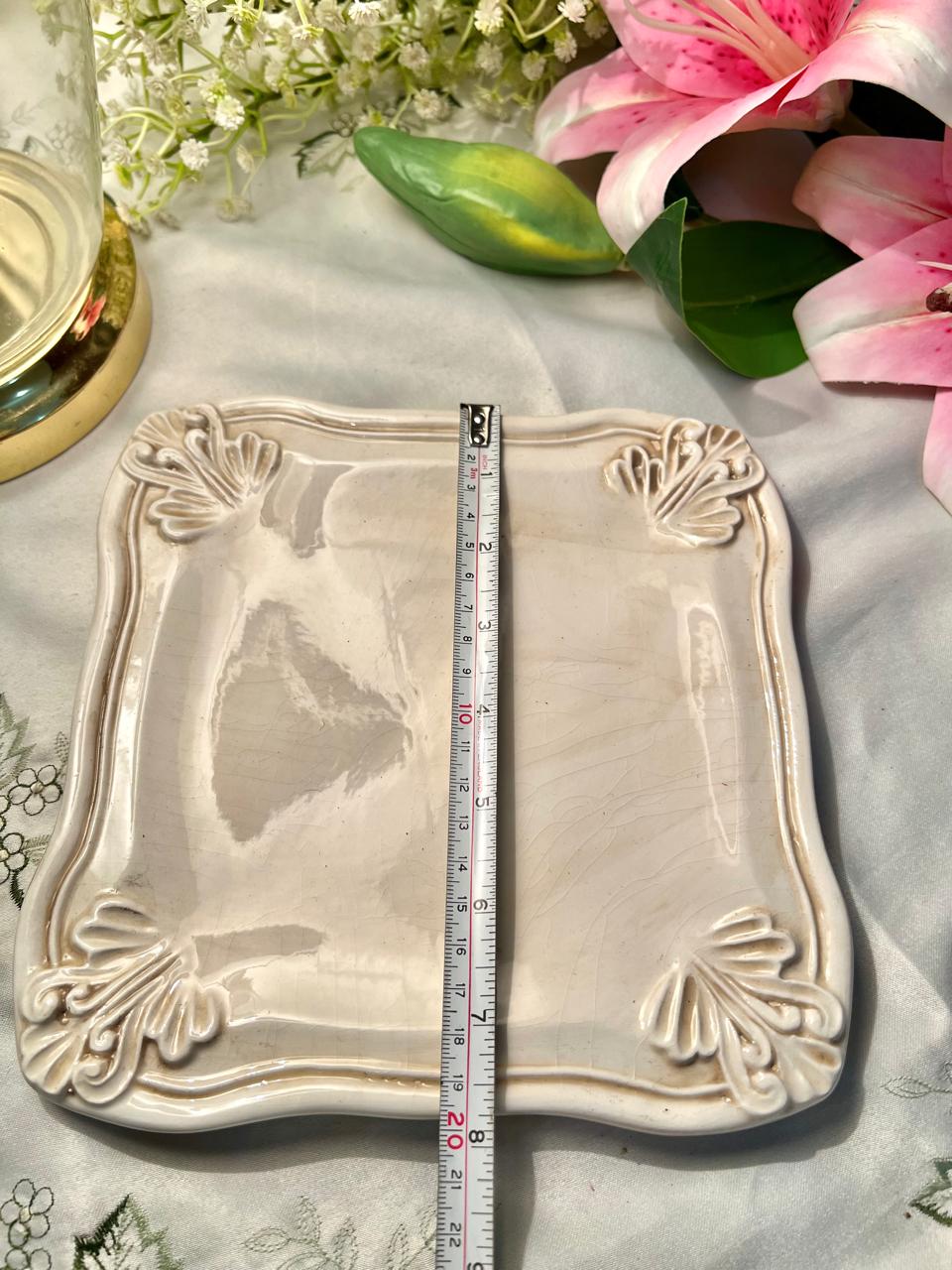 Made in Italy Cream Square Serving Platter, Raised Floral Corners, 8 in