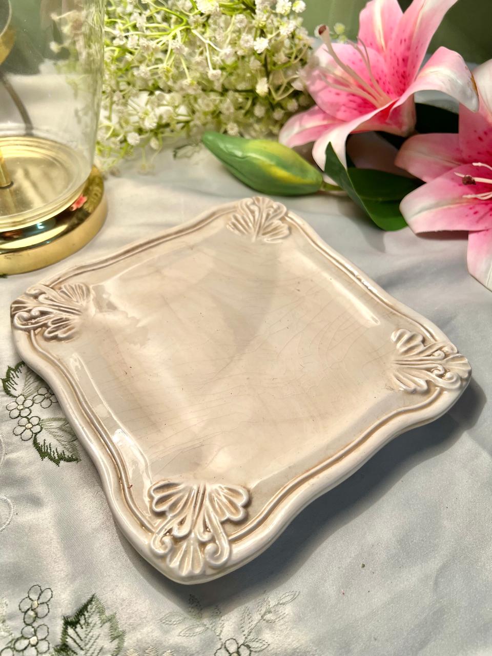 Made in Italy Cream Square Serving Platter, Raised Floral Corners, 8 in