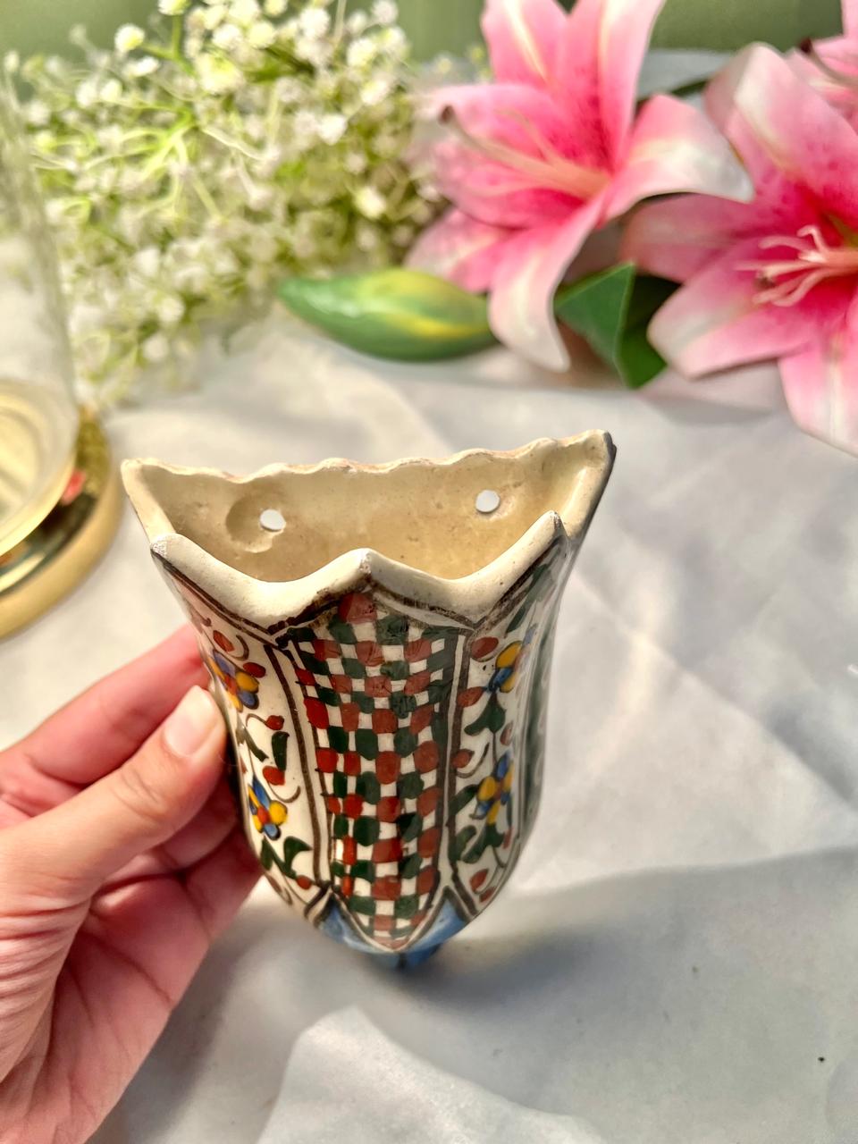 Vintage Hand Painting Floral Ceramic Wall Pocket Vase, Multicolour, 5 in