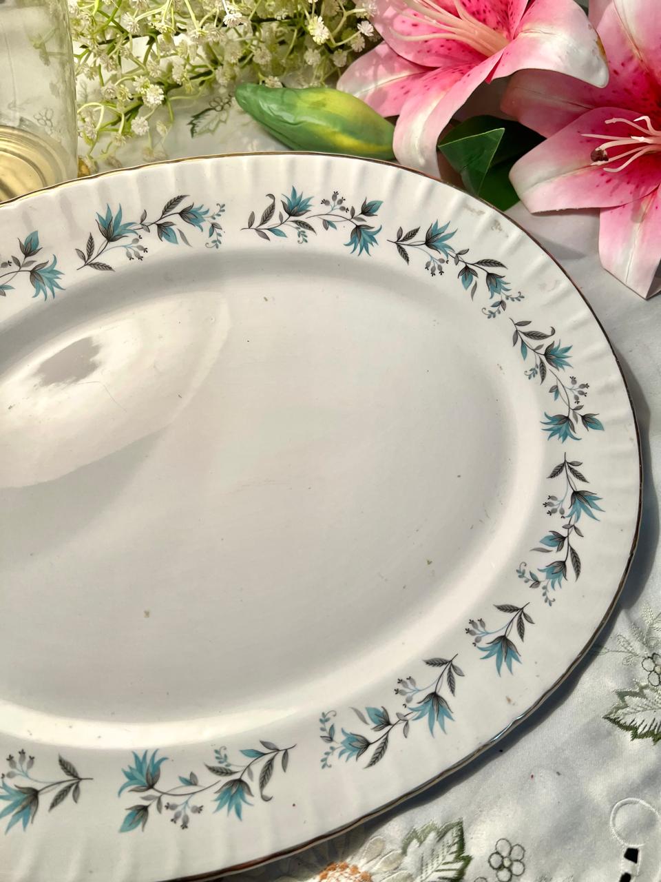 Vintage Ridgway White Mist "Dianne" Blue Floral Oval Large Serving Platter, Gold Trim, 14 in