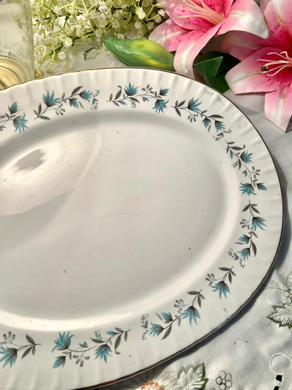 Vintage Ridgway White Mist "Dianne" Blue Floral Oval Large Serving Platter, Gold Trim, 14 in