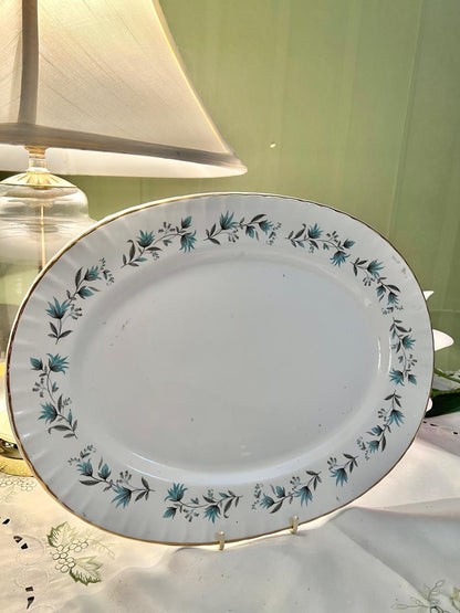 Vintage Ridgway White Mist "Dianne" Blue Floral Oval Large Serving Platter, Gold Trim, 14 in