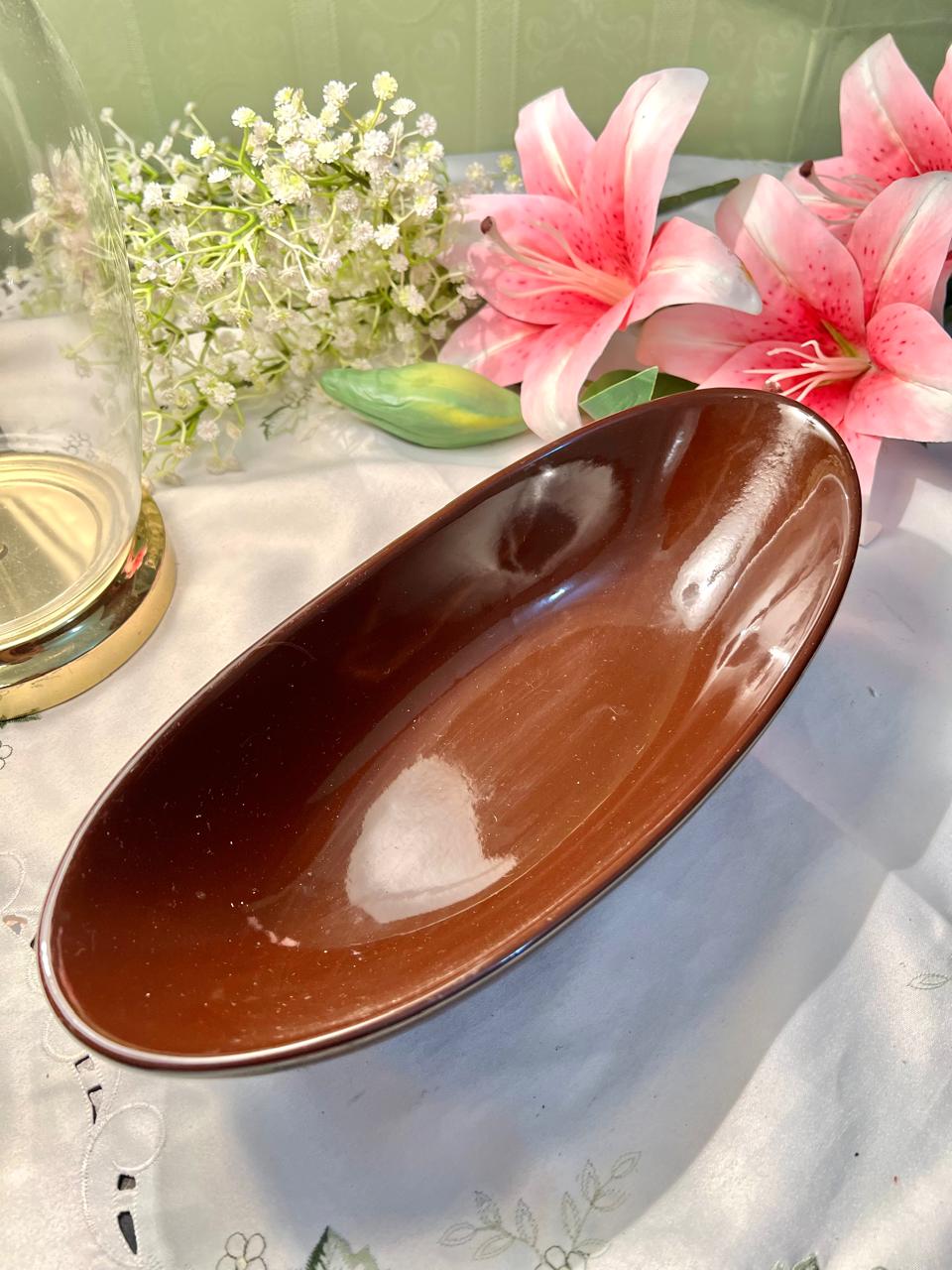 Vintage Brown Oval Large Serving Bowl, 12 in