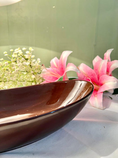 Vintage Brown Oval Large Serving Bowl, 12 in