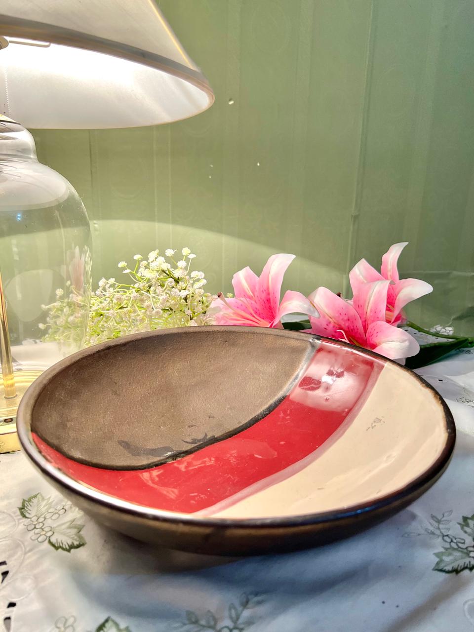Vintage Tricolour Round very Large Serving Bowl, Brown Red & Cream, 12 in