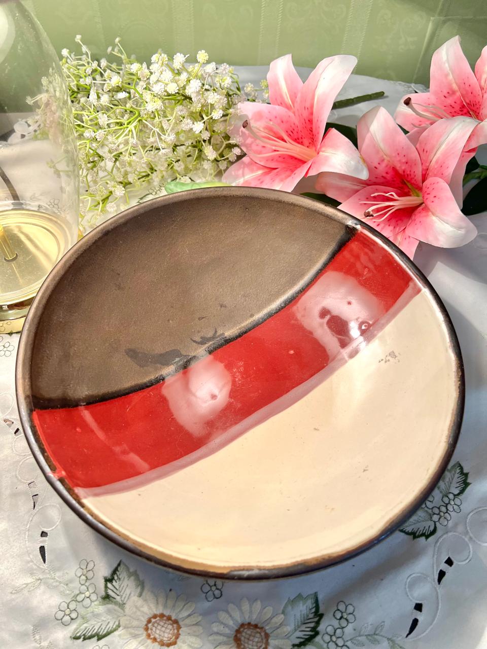 Vintage Tricolour Round very Large Serving Bowl, Brown Red & Cream, 12 in