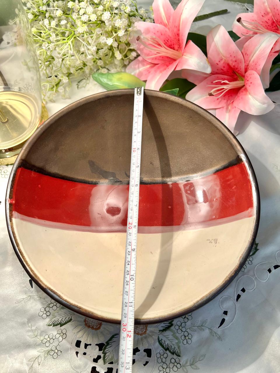 Vintage Tricolour Round very Large Serving Bowl, Brown Red & Cream, 12 in
