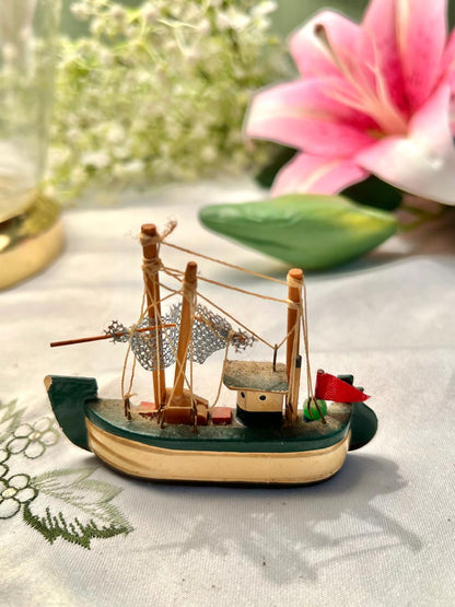 Miniature Fishing Boat Magnet Model with Nets & Red Flag, 4 in