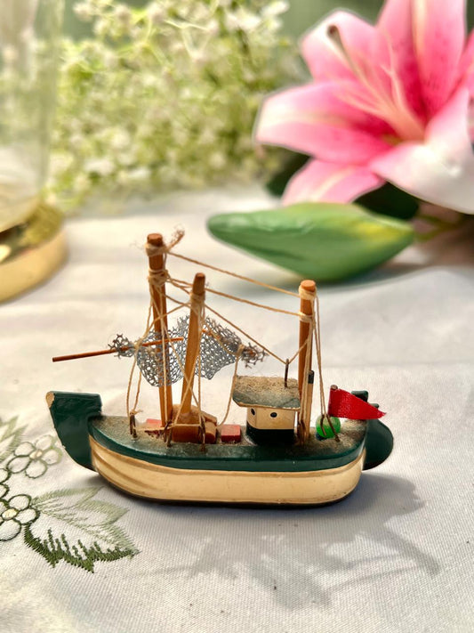 Miniature Fishing Boat Magnet Model with Nets & Red Flag, 4 in