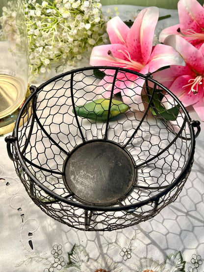Vintage Black Wire Basket with Chicken Wire Design – 8 in