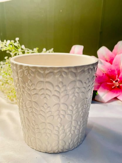 White Embossed Floral Ceramic Planter – 15cm