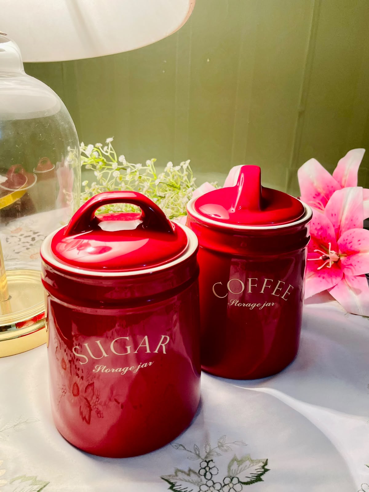 Homebase Red Sugar & Coffee Storage Jars Set of 2, 14cm
