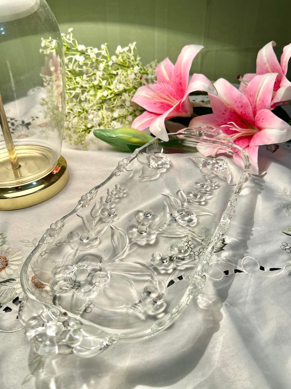 Vintage Floral Crystal large Serving Tray – 15"