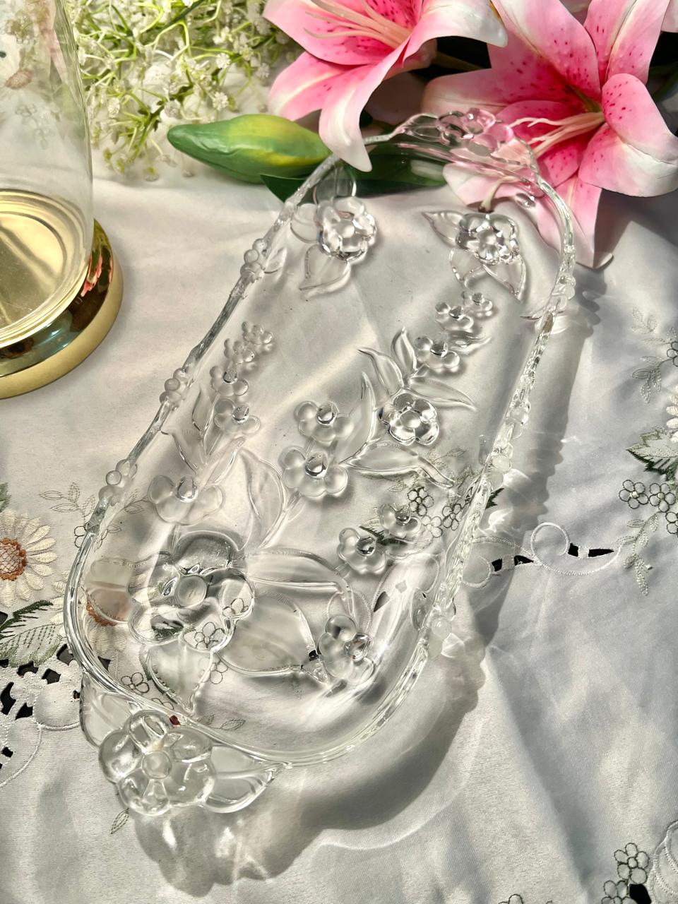 Vintage Floral Crystal large Serving Tray – 15"