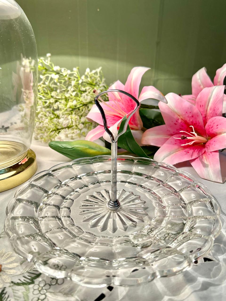 Vintage Crystal Serving Tier Plater  with Silver Metal Handle – 9.5"