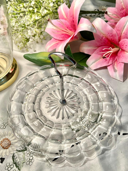 Vintage Crystal Serving Tier Plater  with Silver Metal Handle – 9.5"