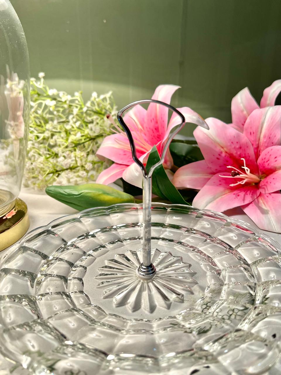 Vintage Crystal Serving Tier Plater  with Silver Metal Handle – 9.5"