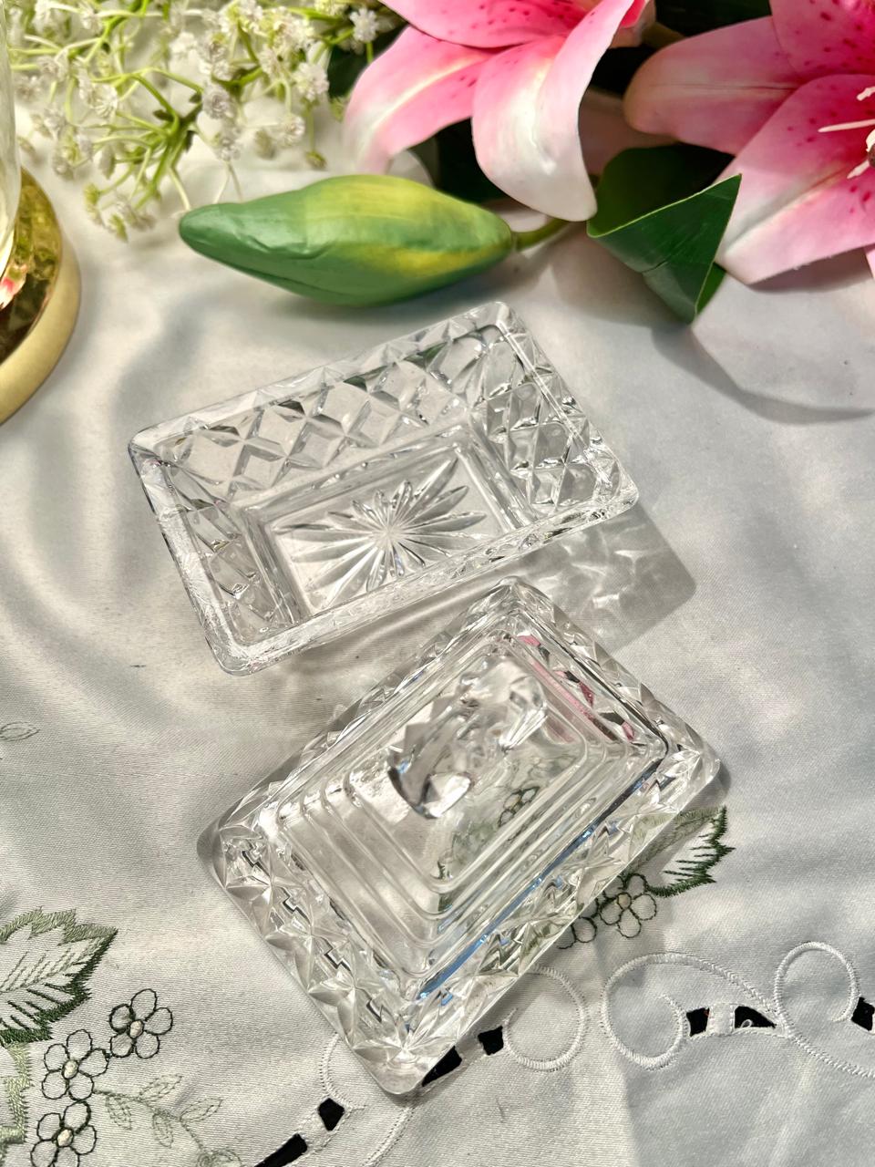 Vintage Rectangular Cut Crystal Trinket Dish with Lid– 4 Inch