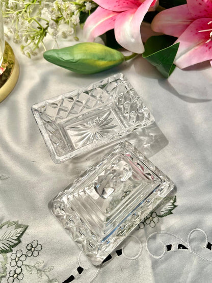 Vintage Rectangular Cut Crystal Trinket Dish with Lid– 4 Inch