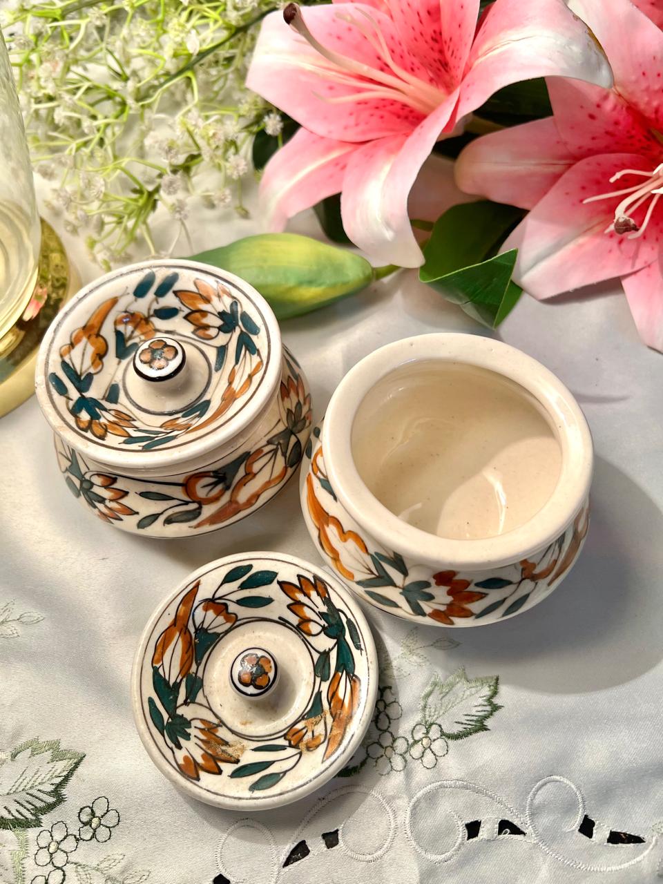 Hand Painted Pair of Vintage Floral Lidded Ceramic Trinket Jars – 3 Inch